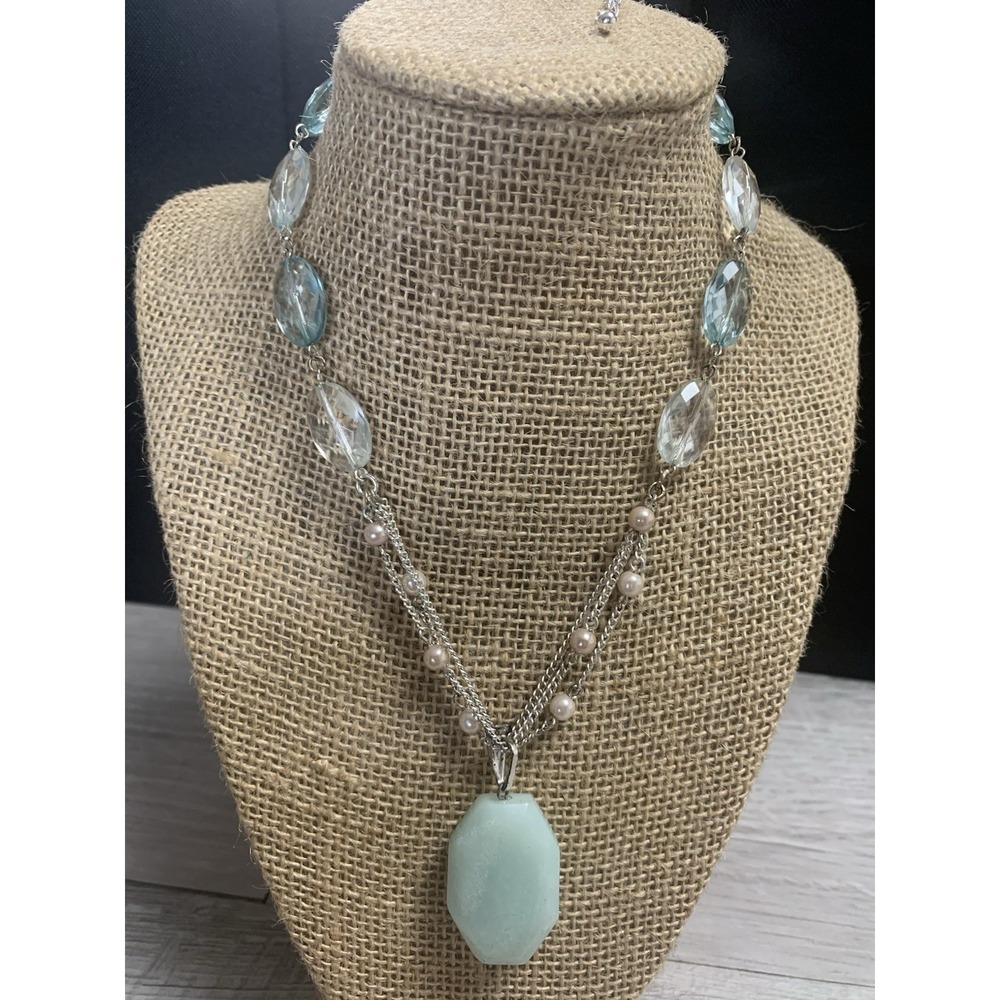 Multi Chain Seafoam Stone Agate Pendant Necklace With Faceted Glass Beads 16"